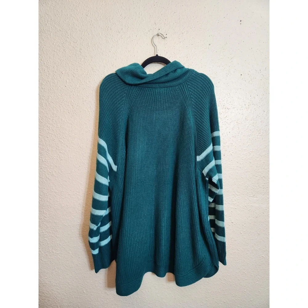St. Johns Bay Active Sweater‎ Teal Womens 3X Striped Cowl Neck Kangaroo Pocket